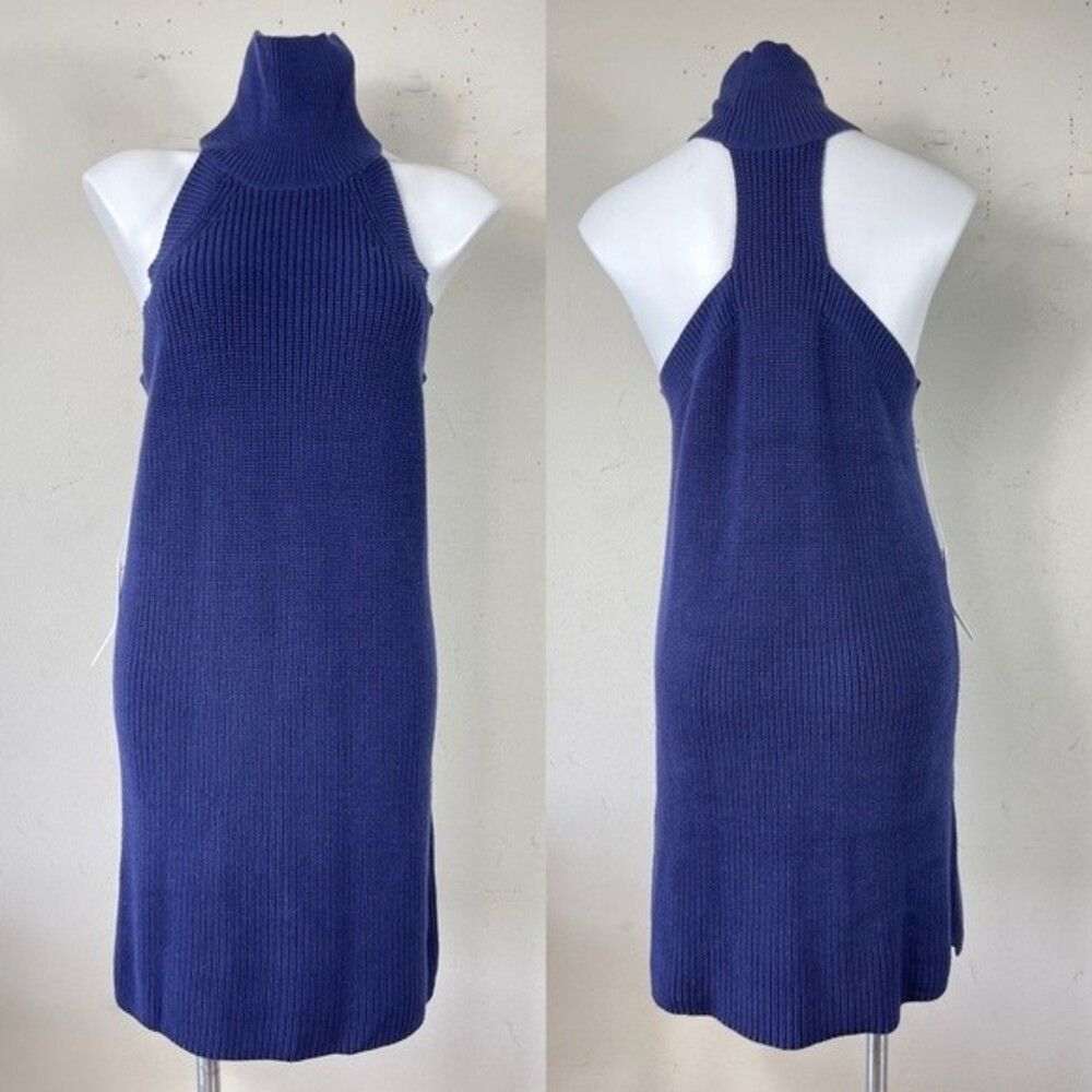 NWT Callahan Fisher Mini Blue Knit High Neck Racer Back Sweater Tank Dress L - Picture 4 of 12